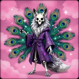 stylized skeletal fox character, long fluffy fur, skull shaped face, mage clothes inspired by a peacock, 9 brilliant peacock tails, painted by stephen silver, sparkles, pink cloud background, vhs effect, dnd beyond, fae, neon
