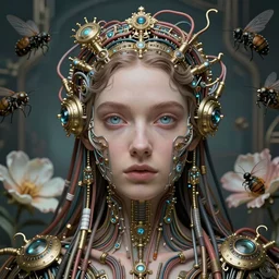 very beautiful woman integrating with technology, full face frontal centered, portrait, insipiring, detailed intricate ornate cables connected to head, big open electric eyes, luxurious detailed abundent wiring and implants, renaissance, sci - fi, detailed technology background with cyber flowers and insects, highly detailed, artstation, 8 k,