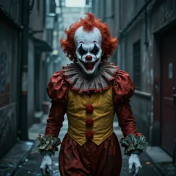 a creepy clown in an alleyway, 4k digital art, haunting