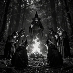 a creepy, horrifying photograph of bipedal dogs in dark robes performing an evil ritual in the woods at night. black and white, noir, grainy, distorted, creepy, horror, vvitch, fire, demons, pentagrams