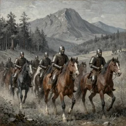 A painting of a group of medieval mercenaries riding horses, dull grey forests and mountains in the background, highly detailed illustration