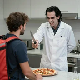 an evil chemist in a white coat stabs a pizza delivery man with a knife.