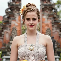 emma watson wearing kebaya bali in bali. temple background. front view. instagram holiday photo shoot, award winning photography perfect faces. beautiful