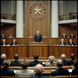 60s movie still of a CCCP congress in a stalinist style parlement with Josip Broz Tito at the tribune, by Irving Penn , cinestill 800t 35mm eastmancolor, heavy grainy picture, very detailed, high quality, 4k, HD criterion