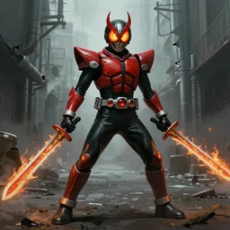 character portrait of a demonic monster kamen rider with fire eyes and a glowing mouth doing a henshin pose standing in a misty street, holding fire swords, matte painting, dramatic lighting, 8 k, rubber suit, digital painting, concept art, muted colors, red colors, moody colors, broken pipes, in the style of frank frazetta