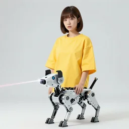 portrait of a girl engineer with a baggy yellow shirt and a mechanical robodog turret shooting lasers, light dust, magnificent, close up, gradiant orange to purple, triangles in background, details, sharp focus, elegant, highly detailed, illustration, by Jordan Grimmer and greg rutkowski and PiNe(パイネ) and 薯子Imoko and 香川悠作 and wlop and maya takamura, intricate, beautiful, Trending artstation, pixiv, digital Art