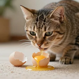 Cat eating egg. 8k. Photorealistic.