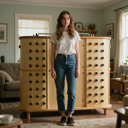 photograph of young woman standing in front of orgone accumulator in suburban living room, crisp focus, highly detailed, in christopher nolan style style, 4 k, ultra sharp