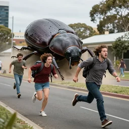 People in Perth Australia running in fear from a giant beetle, realistic, 4k