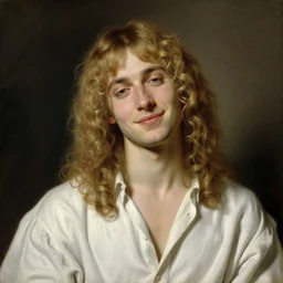 beautiful portrait painting of Dio Brando with long curly blond hair, delicate young man wearing an open poet shirt smiling sleepily at the viewer, symmetrically parted curtain bangs, in love by Peter Paul Rubens and Seb Mckinnon