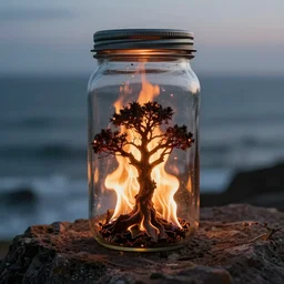 burning tree inside a glass jar!!, standing on a cliff, bokeh, ocean in the background, metal lid, dramatic lighting, hyperrealistic, volumetric lighting, highly detailed