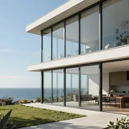 a modern house with tall glass windows and a view of the sea, distant photo, realistic photo, well detailed, trendy in artstation, 8k