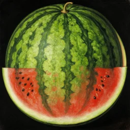a 1 5 th century medieval oil painting of a watermelon with lots of rind and large seeds. high quality scan