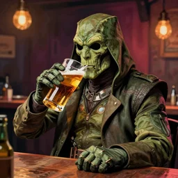 doctor doom drinking cider in a tavern, realistic, pop art