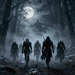 the wild hunt, ghost riders, spectres, wraiths, skeletal shadow creatures, full moon, lurking enchanted forest, blizzard storm, fog, mist, haze, treacherous road, uneasy atmosphere, in the style of the witcher series, cinematic, arnold gpu + octane workflow, 8 k, unreal 5, realistic, intricate digital art, volumetric lighting, trending artstation, dark fantasy