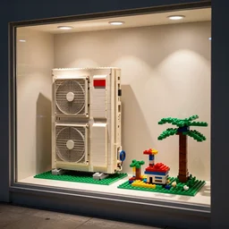 air conditioning machine made of multicolored lego bricks, store display window, well lit