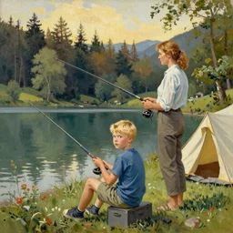 painting of a blonde boy with blue eyes and his mother and father, fishing next to a high lake in Switzerland, forest, tent, golden hour, by Norman Rockwell,