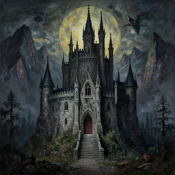a abhorrent, sacrilegious painting of a castle surrounded by mountains by mor than, featured on deviantart, neoplasticism, nightmare, gothic, digitally enhanced