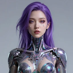 portrait of a aesthetic beatiful woman with violet hair as a cyberpunk cyborg with tear drop on face, sci - fi, missing panels, intricate abstract upper body intricate artwork, by tooth wu, wlop, beeple, dan mumford. concept art, octane render, deviantart, greg rutkowski, cinematic, key art, hyperrealism, iridescent accents