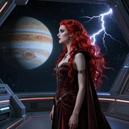 a highly detailed matte portrait of a red haired vampire sorceress martian princess, standing in a space station and looking at jupiter, sci fi and fantasy, viewed in profile from far away, crackling black lightning, ultrawide lens, art by artgerm and greg rutkowski and alphonse mucha, volumetric lighting, octane render, 4 k resolution, trending on artstation, masterpiece
