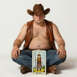 a dramatic, ethereal tarot painting of a handsome thicc shirtless mischievous cowboy with a beer belly wearing a leather vest sitting behind a campfire at night with food and jugs of whisky | tarot!! card, art deco, art nouveau | by Mark Maggiori | trending on artstation
