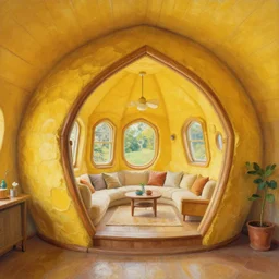 interior of a cute yellow pentagon shaped honeycomb themed cabin by philippe starck and victoria hagan, detailed digital painting masterpiece, gorgeous, 4 k