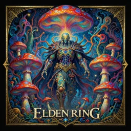Elden Ring and Doom themed intricate painting of majestic chromatic biomechanical anatomical psychedelic mushroom druid central figure intricate highly detailed symmetrical, golden ratio concept, Neo-Gothic concept, infinity waves, masterpiece of cinematic movie screen printing poster colorful and vivid pattern, by Artgerm, Edmund Leighton, Darius Zawadzki, James Jean, Mark Brooks and Moebius, Artstation trending