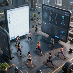 peoples in fitness suits training between giant ui elements in an environment of user interface, aerial shot, unreal engine 5, fine details, artstation, masterpiece, 4 k, volumetric light, depth of field, intricate art, digital art