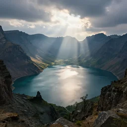 a epic view of a mountainous lake, concept art, trending on, very detailed, unreal engine, 4 k, photoreal, volumetric lighting, light rays, epic composition