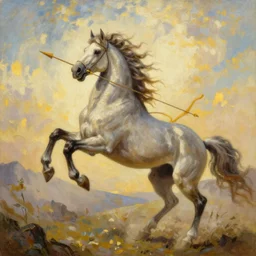 A portrait of a centaur prancing, and shooting an arrow by a bow in a battle at golden hour, epic, fantasy, oil painting