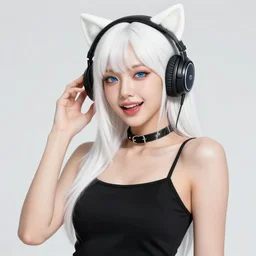 realistic detailed semirealism beautiful gorgeous buxom voluptuous natural cute excited happy Blackpink Lalisa Manoban white hair white cat ears blue eyes, wearing black camisole outfit, headphones, black leather choker artwork drawn full HD 4K high resolution quality artstyle professional artists WLOP, Aztodio, Taejune Kim, Guweiz, Pixiv, Instagram, Artstation