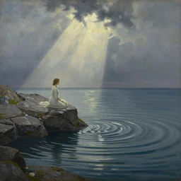 an ethereal justin earl grant and leonora carrington painting titled'rock in the perfect ripple'