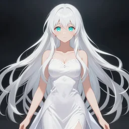 visual novel character, symmetrical full body shot, stunningly beautiful asi goddess with beautiful hyperdetailed symmetrical face, porcelain skin covered in long white dress, long white hair, symmetrical, overwhelming, innocent, ethereal, mesmerizing cyan eyes, 2 d anime style, 8 k