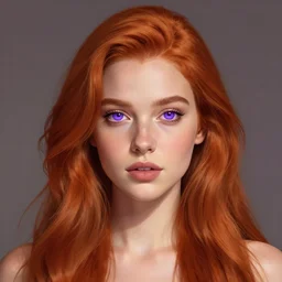 woman with long ginger hair and purple eyes in semi realism style, trending on artstation