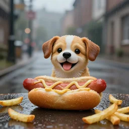 a happy dog!!! in a hotdog!!! bun!!!, anthropomorphic, 3 5 mm f 1. 2 photograph, dof, french fries, wet, rainy, photorealistic, inspired by zdzislaw beksinski and gerard brom