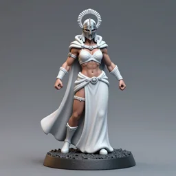 80mm resin detailed miniature of a Very muscular woman, Queen of war, iron mask and helmet, long white cloak, on textured base; Miniature Photos, 4K, Full body; Front view
