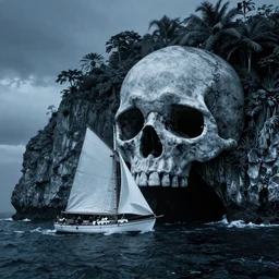photorealistic blue - toned photo of a 1 9 2 5 seiner sailing near a tropical skull - shaped cliff with the mouth of a sea cave at the waterline, dark, brooding, atmospheric, lovecraft, horror, smooth, epic, highly detailed, cinematic, by clyde caldwell
