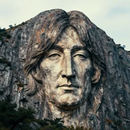 a mountain with a huge face of john lennon carved in the rock, photorealistic, cinematic