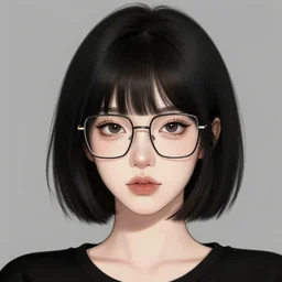 woman with black short bob haircut, line eyes, square glasses, digital art
