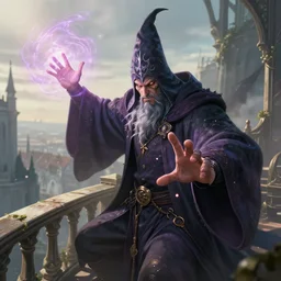 a detailed concept art of a closeup of a powerful wizard castin spells in a balcony. magic. particles. gopro. morning. trending on artstation, craig mullins, rutkowski