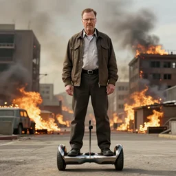 Film still of Walter White standing on a hoverboard with several burning buildings behind him, centered, cinematic lighting, highly detailed, 8k