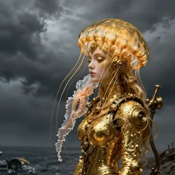 The shining golden queen of jellyfish soars in the thick gray stormy ocean artstation , Steampunk,  barocco highly detailed, portrait, 8k