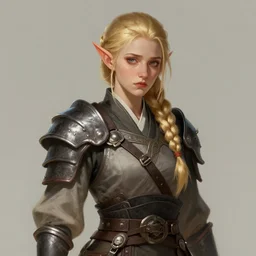 half elf monk fighter, beautiful sad looking woman, blonde braided hair, character design, illustration, 4 k, 8 k