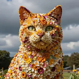 massive sculpture of a cat made out of flower petals, high resolution photograph