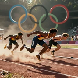 The matrix, LeeLoo, Sprinters in a race, The Olympics footage, stylized, hyperreal, cinematic stillframe, The fifth element