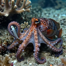 a ultra high resolution photograph a spotted octopus scampering across a coral seabed. it is from fuji. its'face is partially obscured by a red snapper. it is holding small fish in one of its'tentacles. the light is shimmering dim, and the colors are muted. kodak ektar 1 0 0.