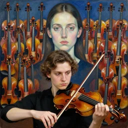 portrait of a young violinist focusing by vincent lefevre and herman bas and pat steir and hilma af klint, psychological, symmetrical face, background with hundreds of violins by andreas gursky, rendered in octane, altermodern, masterpiece