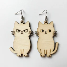 2d laser cut wood earrings flat of snarky cartoon cat