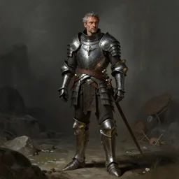 middle - aged man in banded mail, full armor, warrior, graying hair, short stubble, fantasy, cinematic, stunning, highly detailed, digital painting, artstation, soft focus, ominous lighting, full body shot, illustration, art by raf grassetti and hugo richard