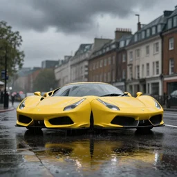 a yellow ferrari, dynamic, on a wet london street, raining, clouwdy atmosphere, wide shot, photorealism, some reflexions, canon 5 d, studio ghibli, pixar and disney animation, sharp, very detailed, high resolution, rendered in unreal engine 5, anime key art by greg rutkowski, overcast lighting, dark